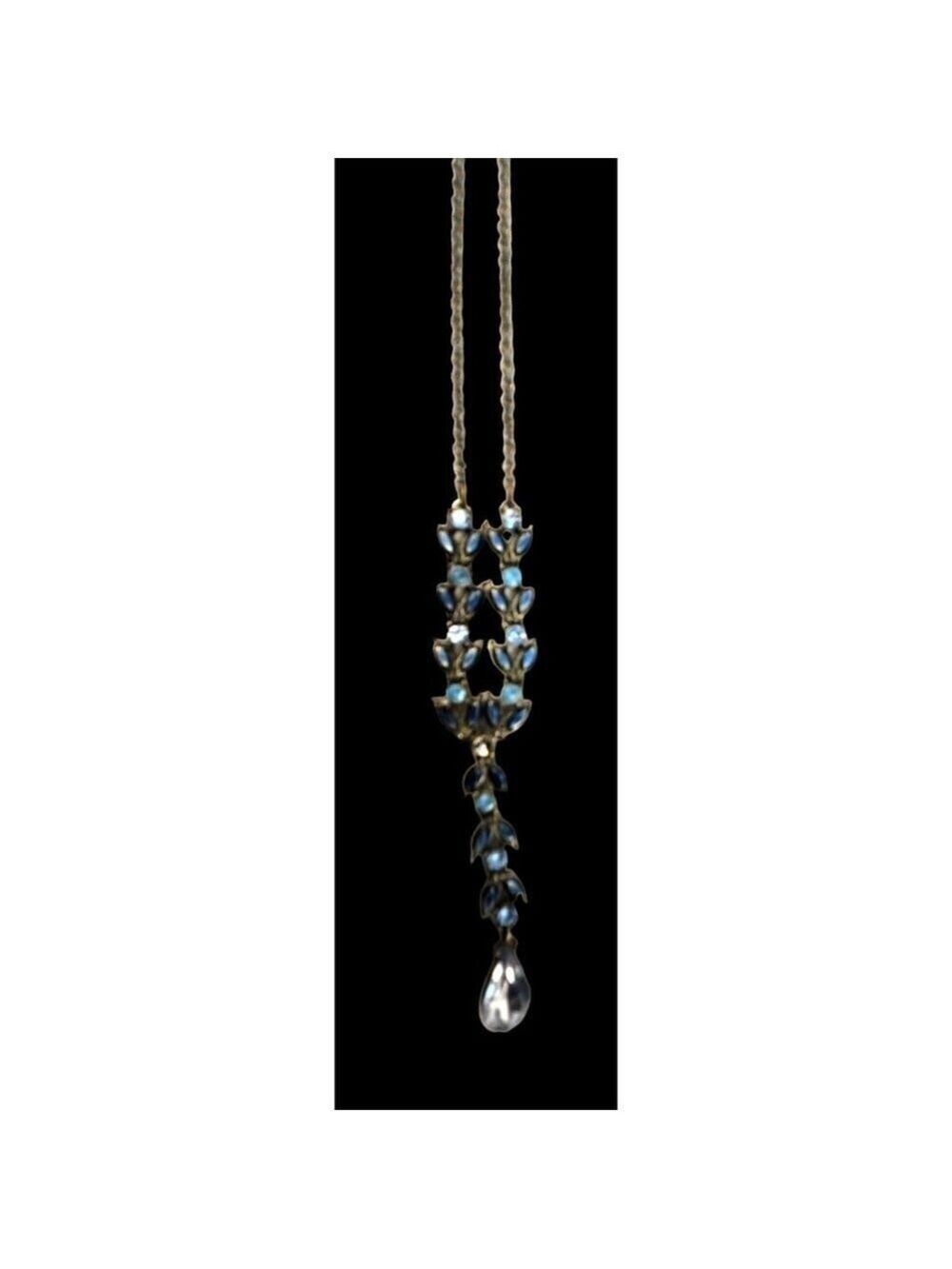Teardrop Necklace With different colors of Blue stones and enamel painted leave